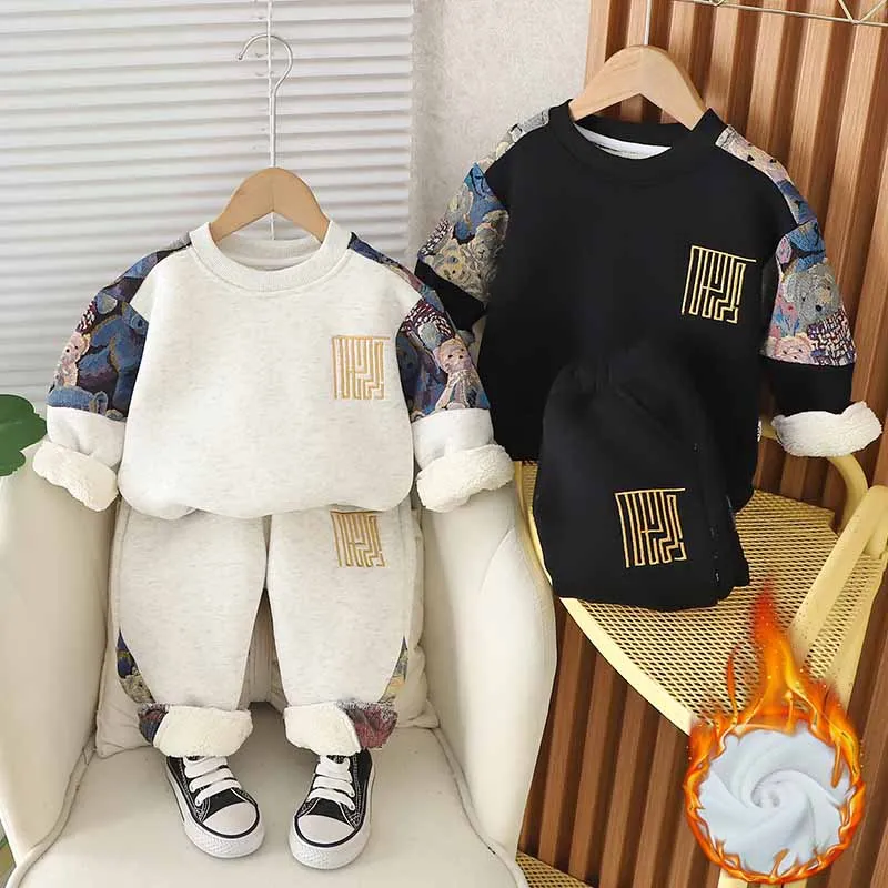 Winter Padded Thickened Sets Boys Plus Velvet Sweater Pants Two-Piece Children's Warm Cartoon Suit Infant Casual Sports Outfit