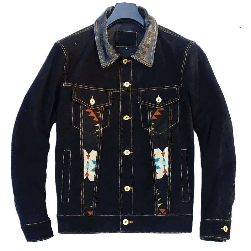 

Men's Leather Jacket Cowhide Suede Short Slim Printed Totem Navajo Western Safari Style Storm Rider Vintage Clothes