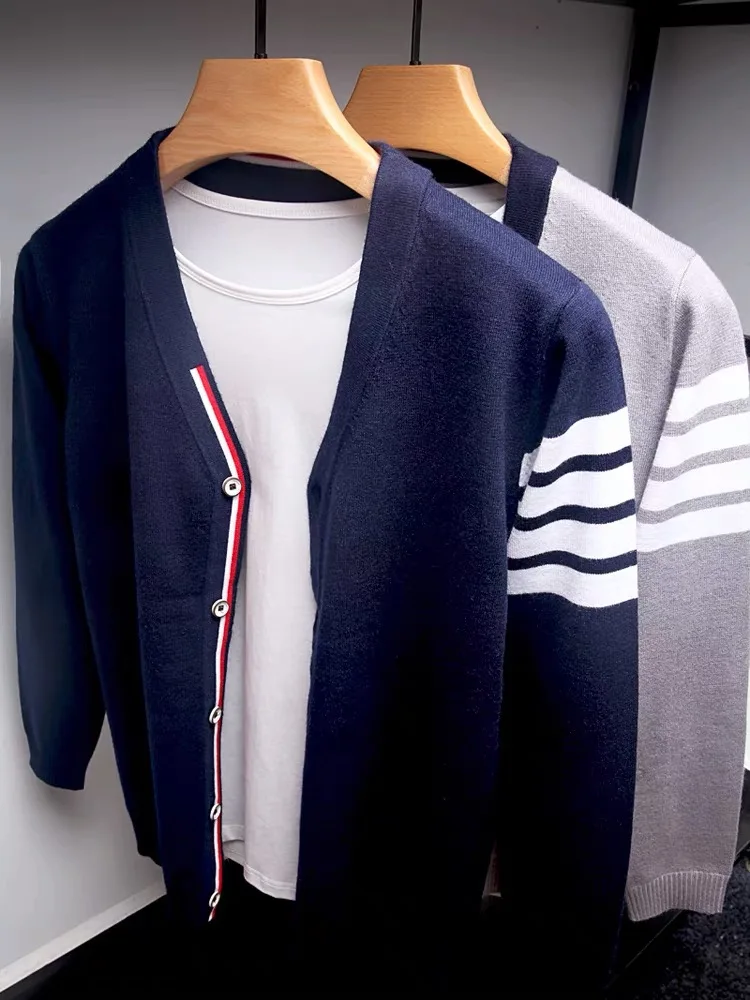 

High end luxury brand sweater cardigan men's fashion stripe shawl spring and autumn new style Korean fashion casual sweater coat