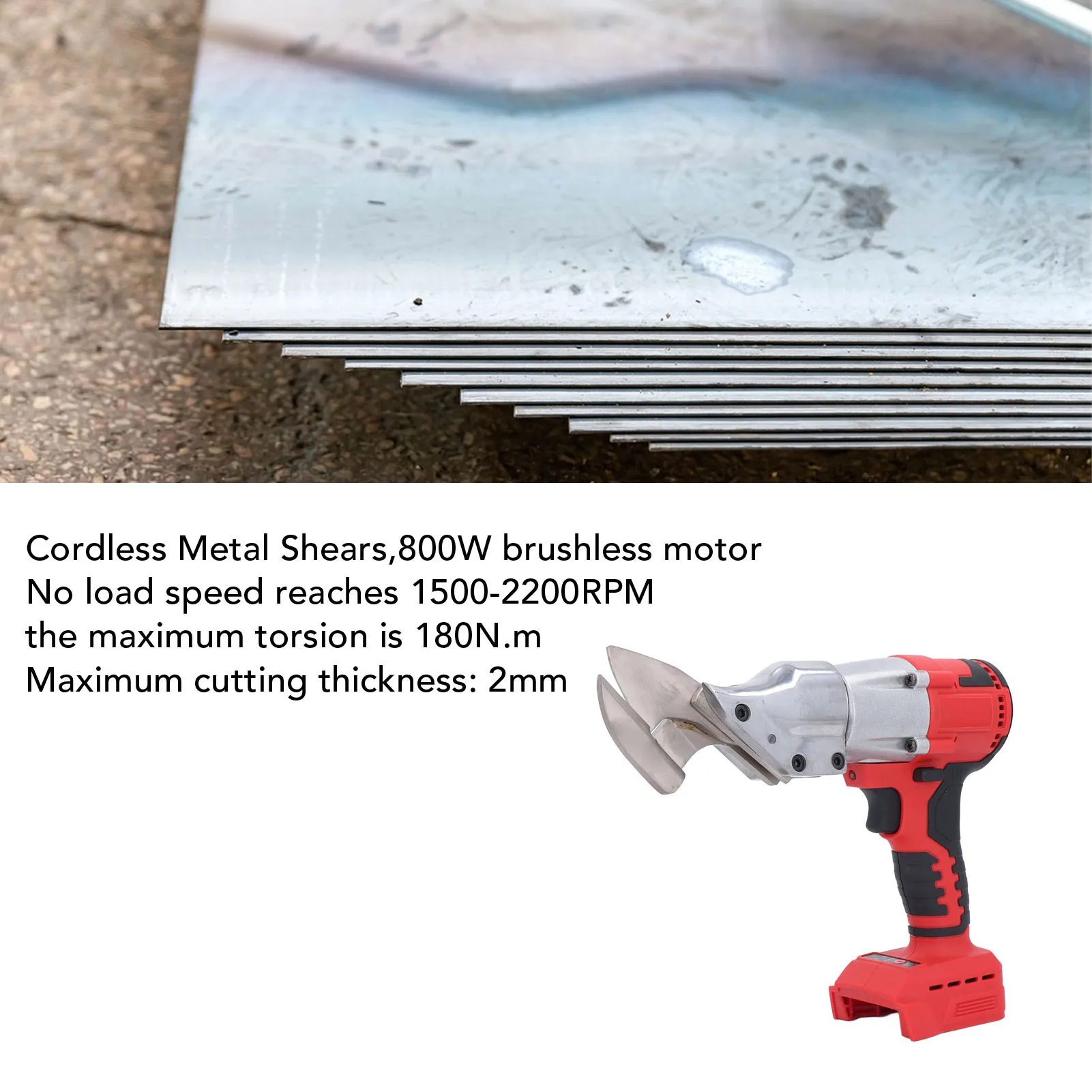 18V 배터리 구동 800W 브러시리스 모터 판금 절단기 1500-2200RPM 180N.m 탄소강 무선 금속 가위용 토션
