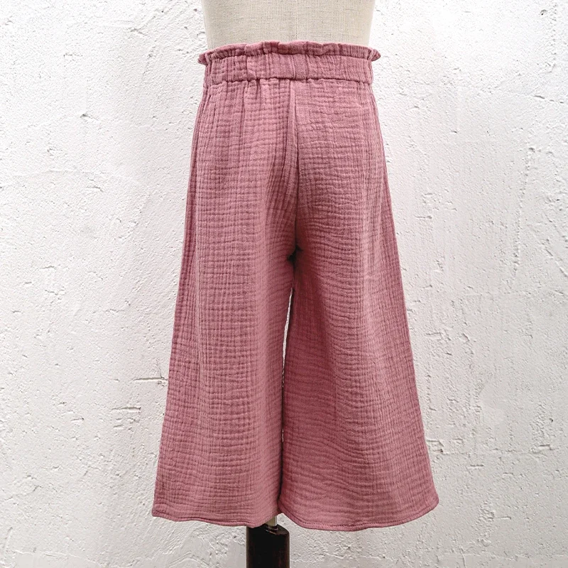 Summer New Girls Cool Loose Wide-Legged Pants Cotton Crepe Children's Daily Casual Elastic Waist Trousers