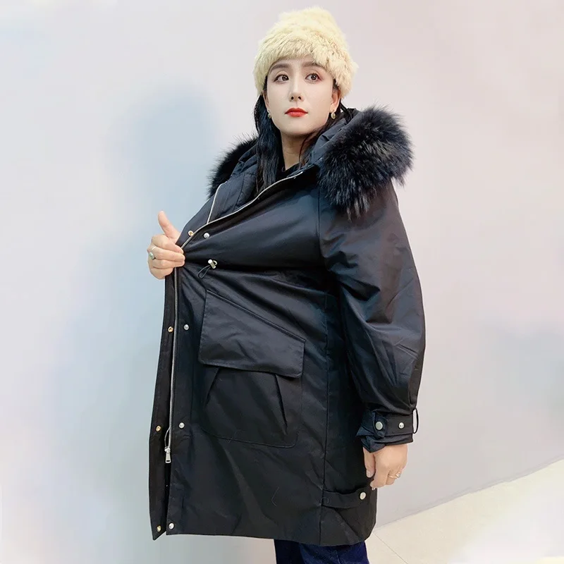 2023 winter Real fur large size down jacket women loose warm big collar X-long hooded coat parka outdoor white duck down jacket
