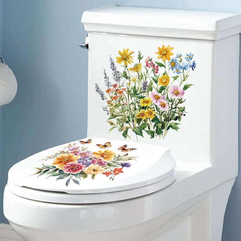 DIY Waterproof Cartoon Flower Bathroom Stickers Removable Toilet Tank Vinyl Decals for Bathroom Decor Home Decoration Art