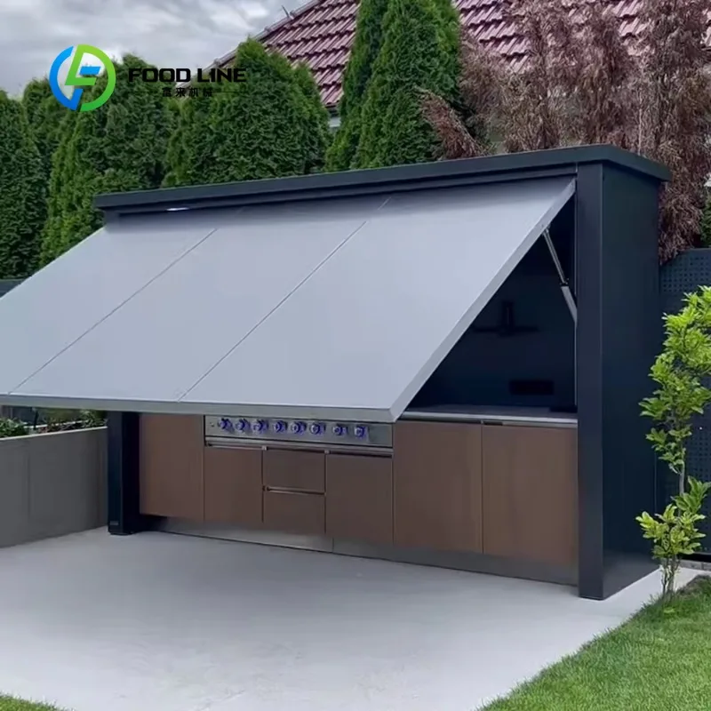 โมดูลครัวกลางแจ้งแบบยกหลังคาได้ ปรับแต่งได้ พร้อมเตาย่างสแตนเลสและที่เก็บของ สำหรับงานสังสรรค์แบบพับเก็บได้ 1