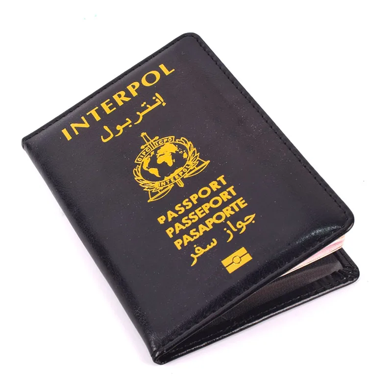 Unisex Interpol Passport Cover Black PU Leather Wallet Travel Accessories Women Passport Holder Case Men Cards Document Bag