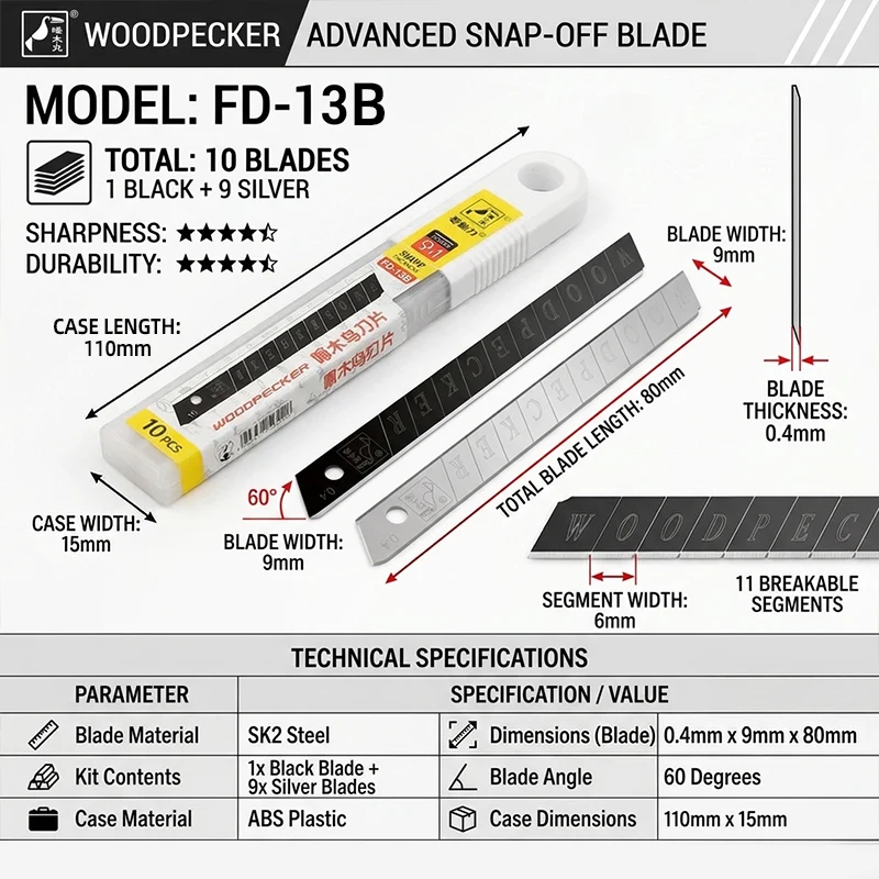 9mm 폭 0.4mm 두께 유틸리티 나이프 블레이드 9개 실버 1개 블랙 SK2 스틸 60 ° 종이 절단용 날카로운 팁 교체 블레이드