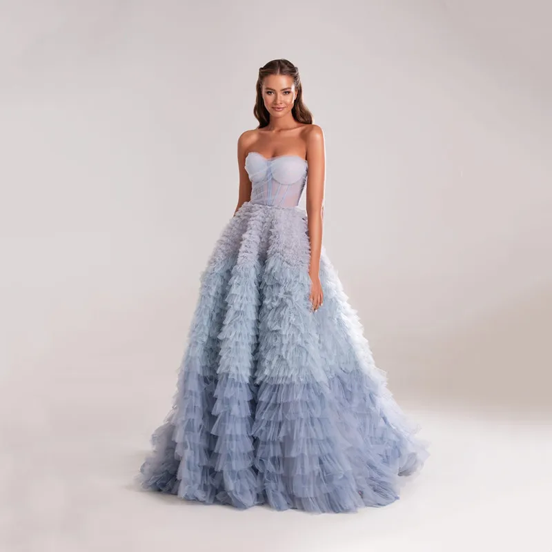 Aleeshuo Sky Blue Ball Gown Prom Dress Strapless Tulle  Backless فساتين السهرة Elegant Backless Lace Up Long Train Evening Dress lace applique glitter tulle wedding dress long sleeve scoop neck vintage a line bridal gown lace up backless elegant ivory