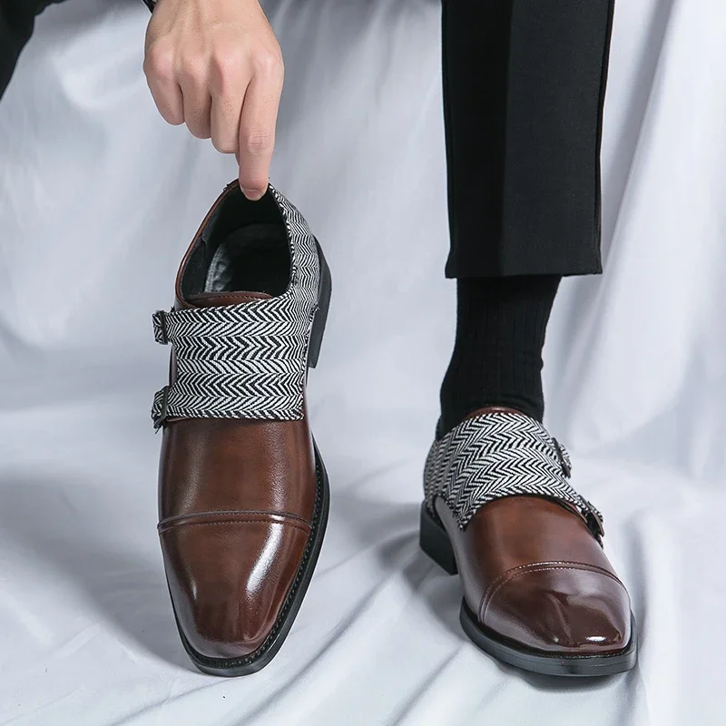 

Men Loafers Double Buckle Black Brown Monk Shoes Pu Shoes for Men with Size 38-48 Mens Dress Shoes