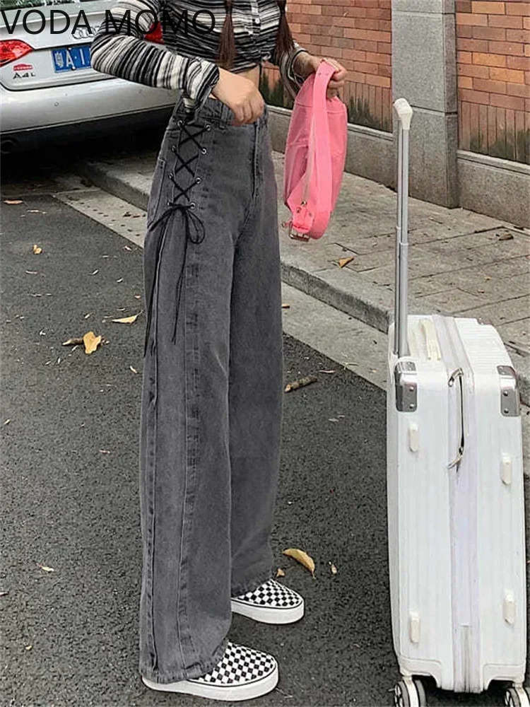 spring 2023 womens  high waist lace up straight Women\'s Wide leg jeans baggy woman denim capris Pants jean mom jeans trousers