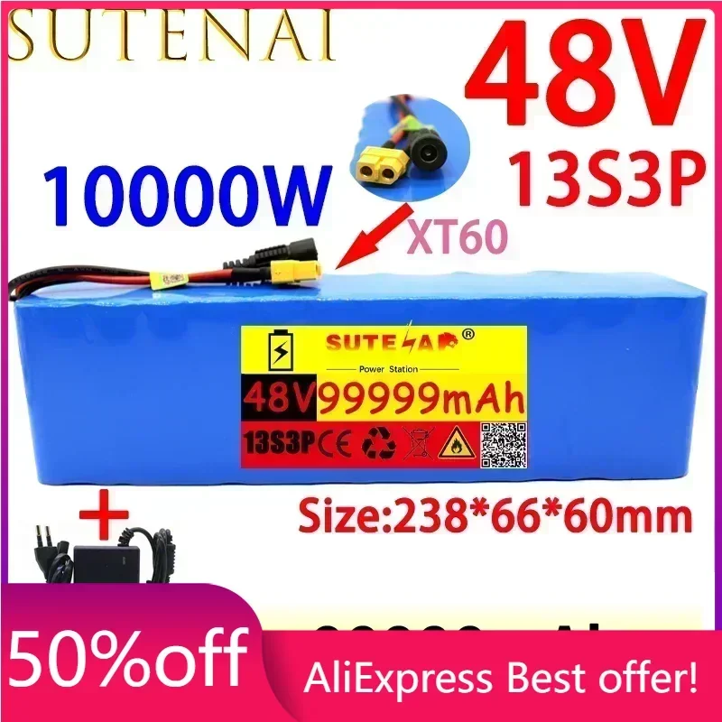

48v99ah 1000W 13s3p 48V lithium ion battery pack XT60 plug for 54.6V electric bicycle and scooter. Engine, with BMS+54.6vcharger