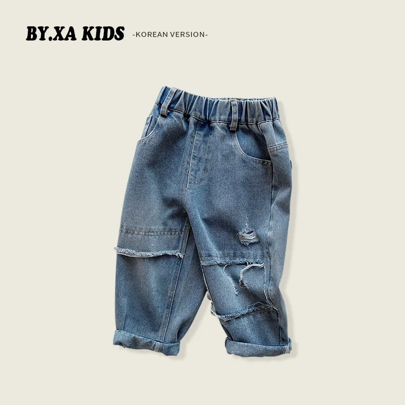 

Spring 2024 Korean Children Boy Jeans Pant Cotton Elastic Waist Versatile Baby Boy Trousers Hole Handsome Toddler Boy Denim Pant