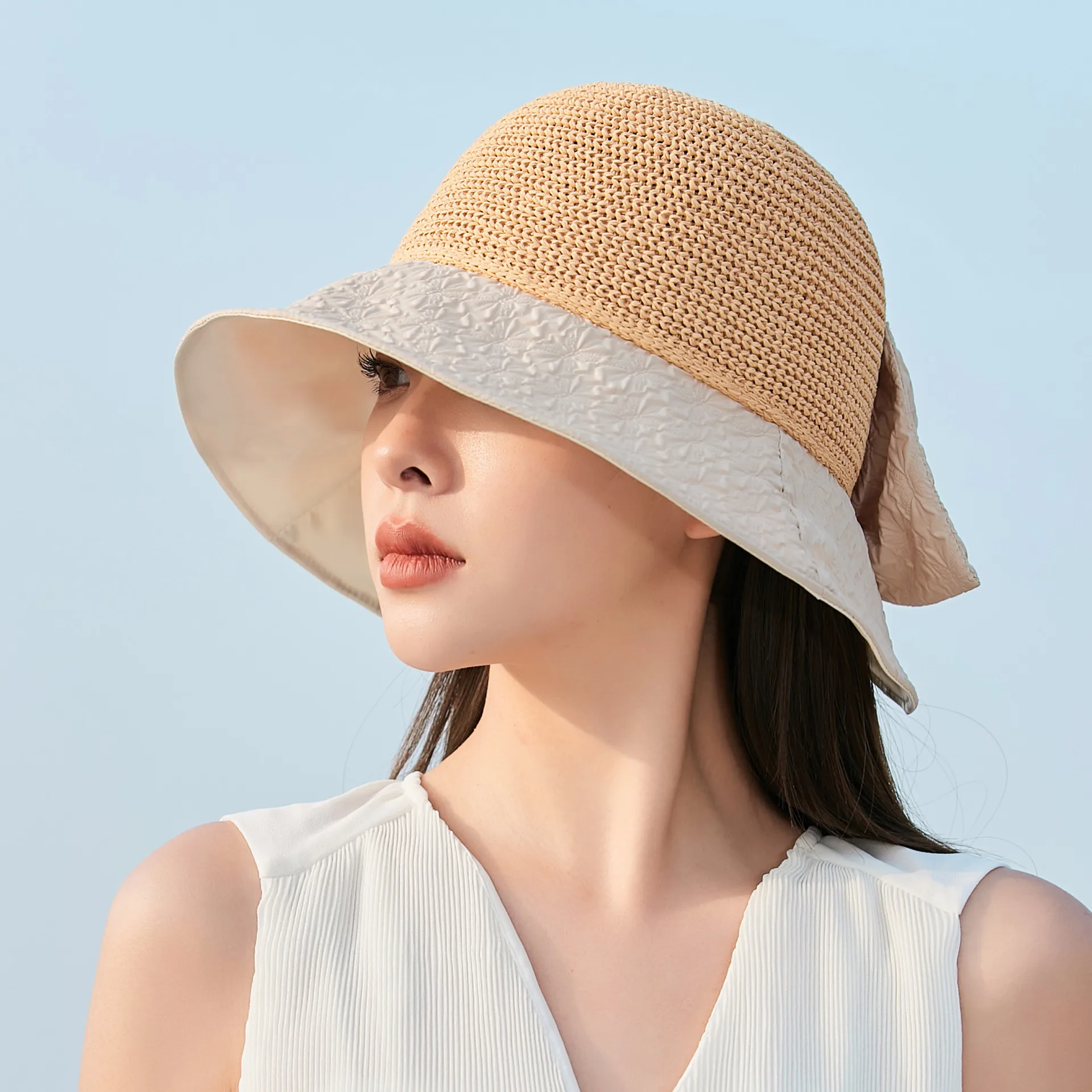 

The New 2023 Han Edition Black Summer Sun Hat Big Eaves Uv Sunscreen Cap Bowknot Joker Fisherman Hat Girl Play is Prevented Bask