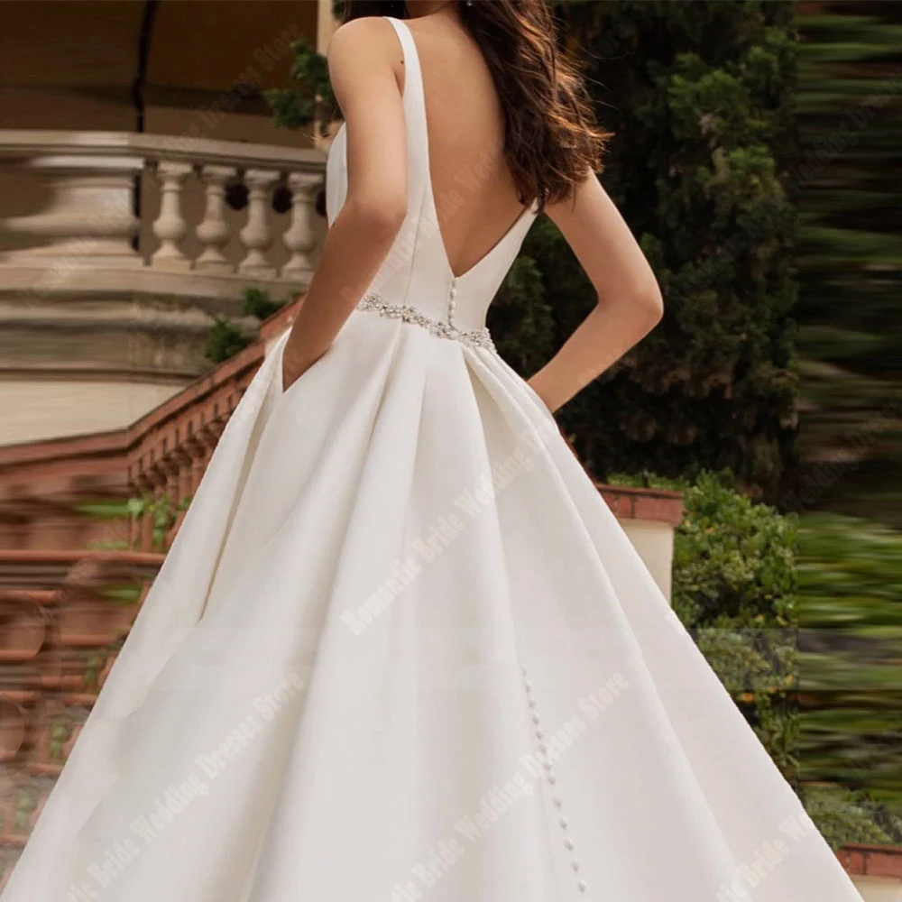 Simple Satin A-Line Wedding Dresses For Women Party Elegant V-Neck Sleeveless Bridal Gowns Princess Ball Vestidos De Novias 2025 4