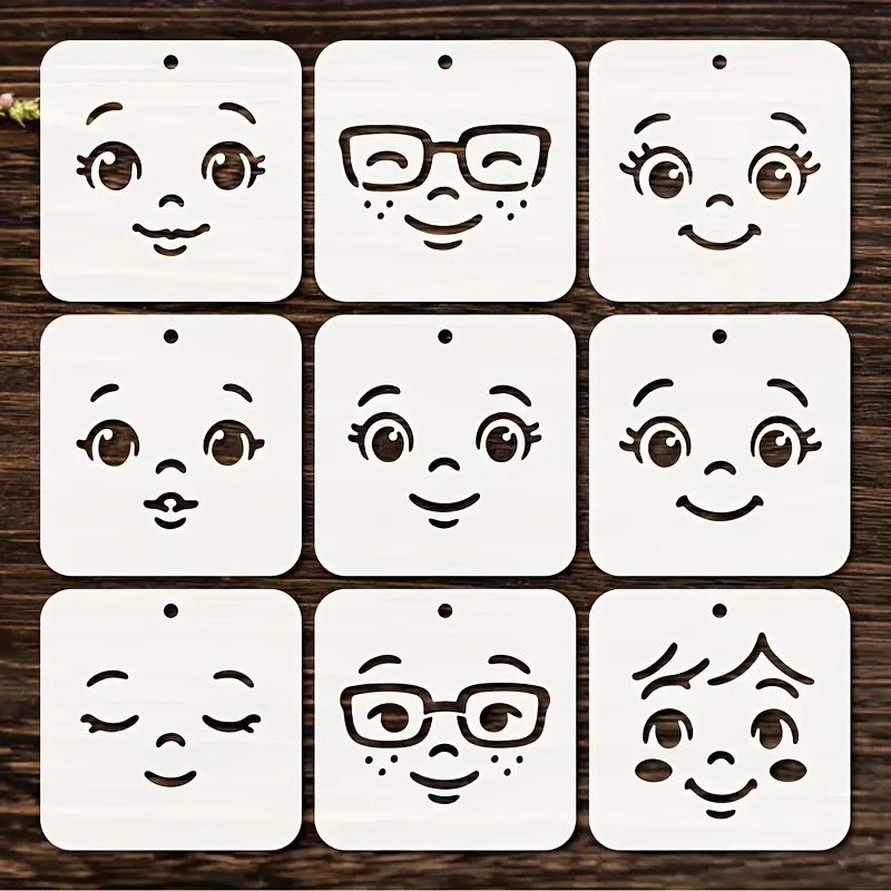 9개의 대형 얼굴 스텐실, DIY 페인팅, 공예, 인형 제작 및 휴일 장식을 위한 재사용 가능한 다중 표현 템플릿