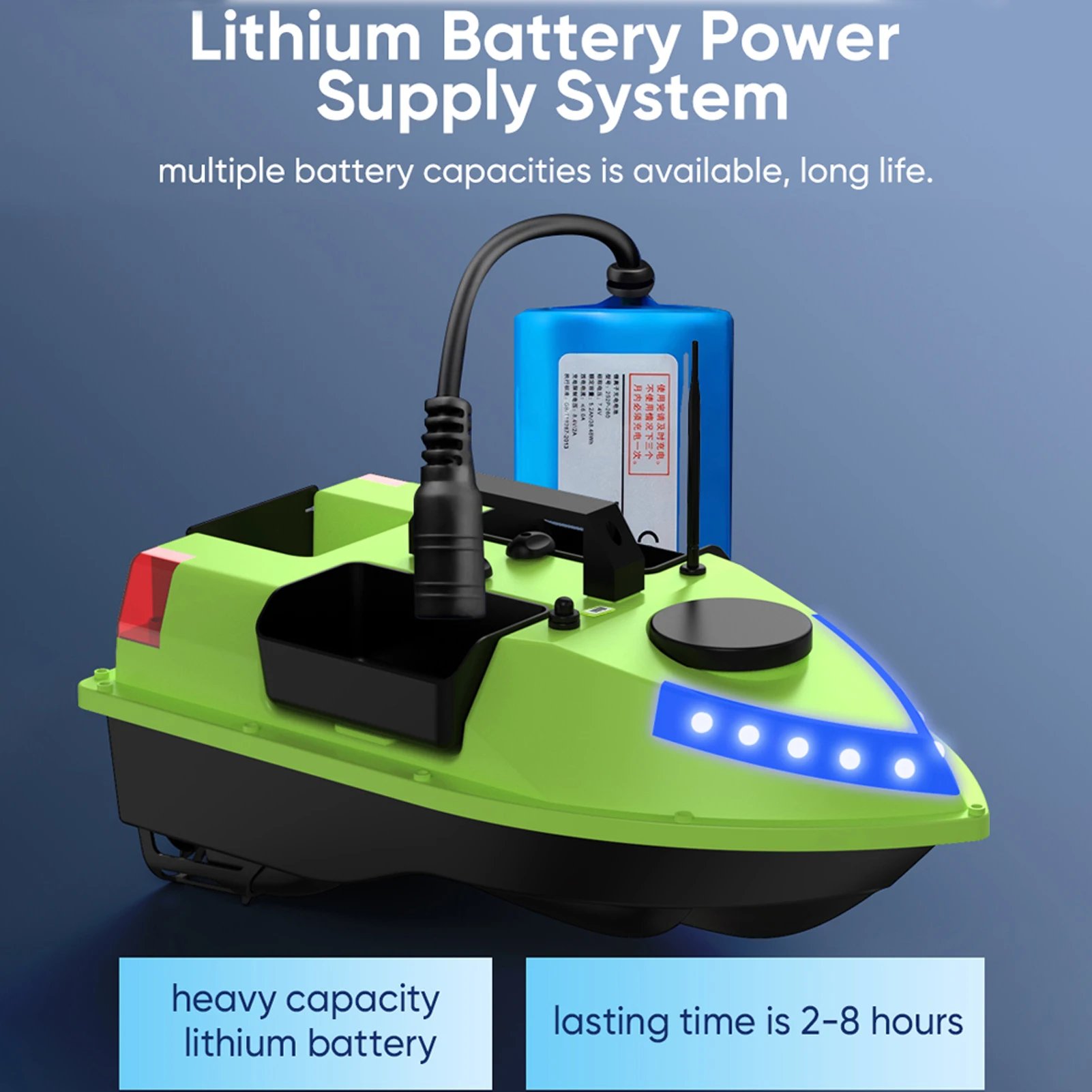 Bateau RC pêche GPS 500m 18000mAh LED 7 couleurs