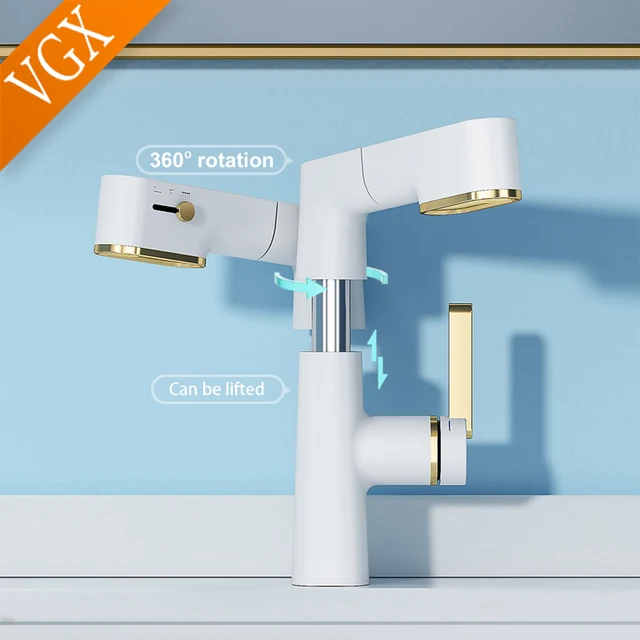 VGX มัลติฟังก์ชั่ห้องน้ําก๊อกน้ําดึงอ่างล้างหน้าก๊อกน้ํา Gourmet LED อุณหภูมิ TAP 360 °   ก๊อกน้ําเครนทองเหลืองสีขาว 4