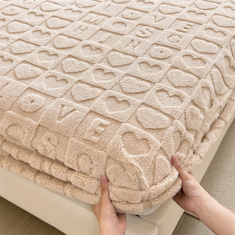 Warm Velvet Fitted Bed Sheet With Elastic Band Heart Mattress Protector Cover Taffeta Bedspreads for Single Double Bedsheet 6