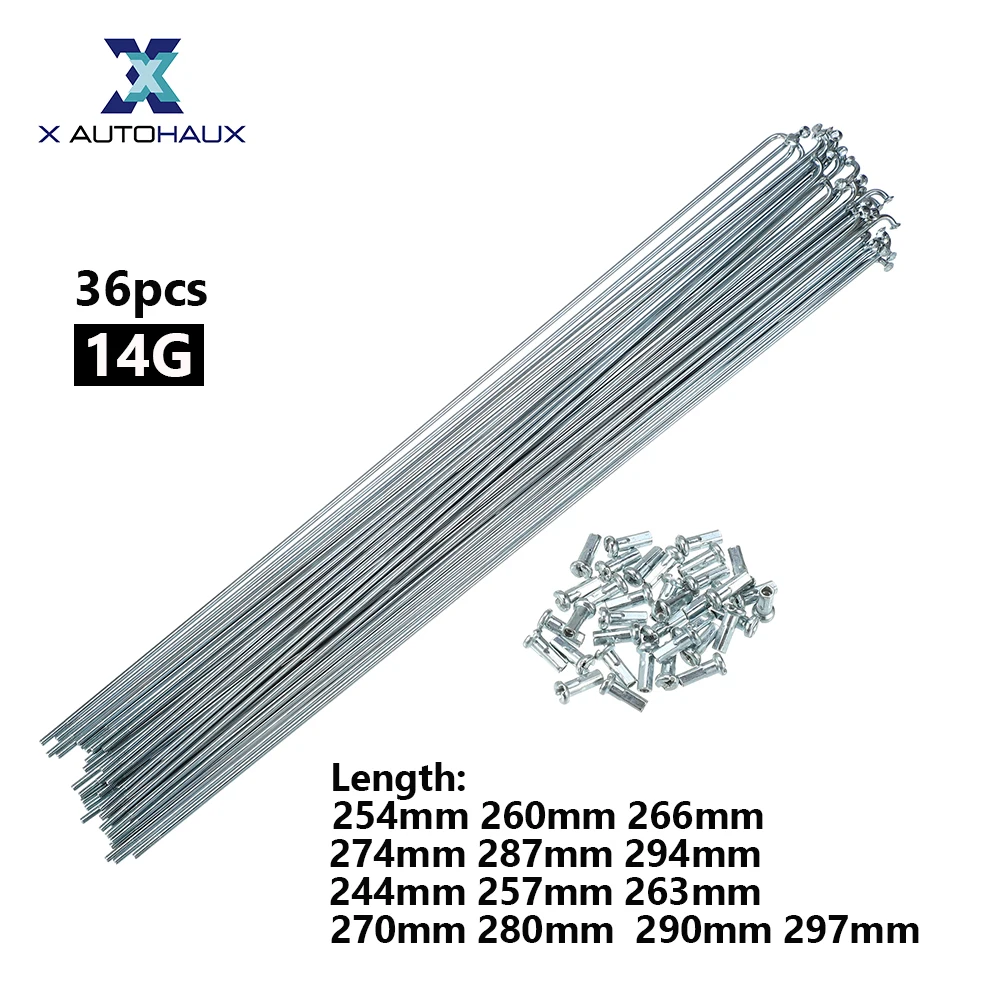 X autohaux 36pcs 14G J 벤드 자전거 스틸 스포크 254mm 260mm 266mm 274mm 287mm 294mm 244mm 257mm 263mm 젖꼭지가있는 사이클 스포크