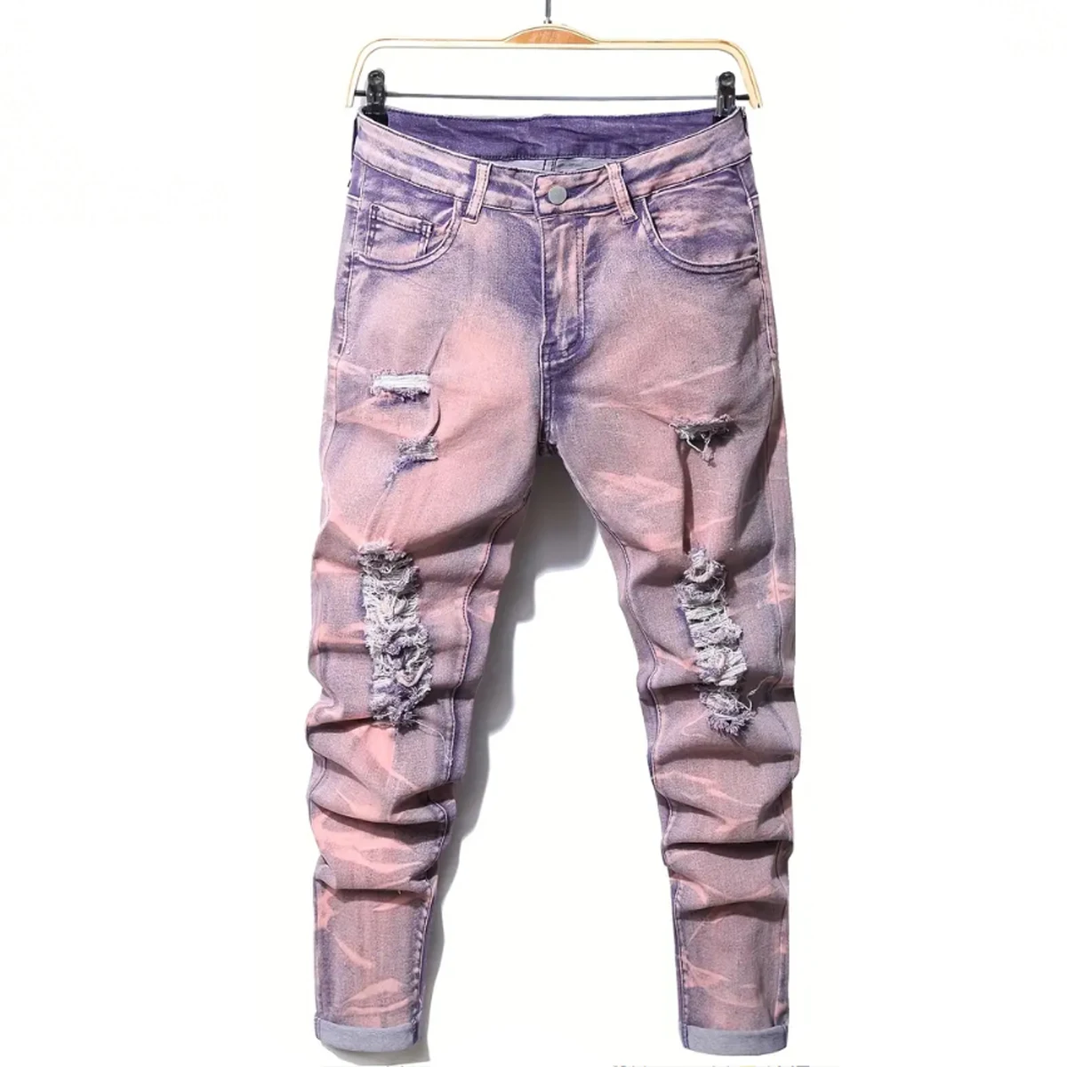 Men's Casual Street Style Slim Fit Ripped Jeans Distressed High Stretch Denim Pants for Spring Summer