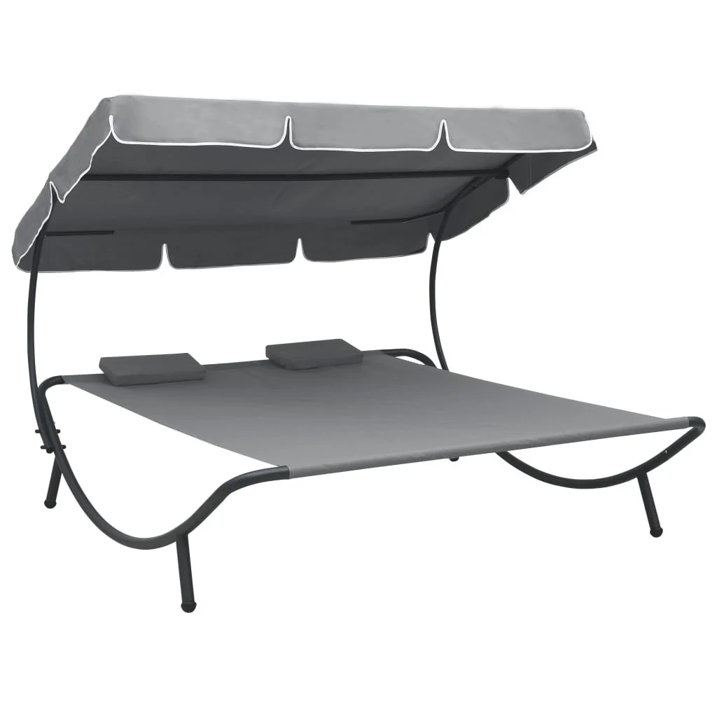 

Outdoor Sun Bed Portable Double Chaise Lounge Bed with Adjustable Canopy and Headrest Pillows Gray/Brown/White[US-Stock]