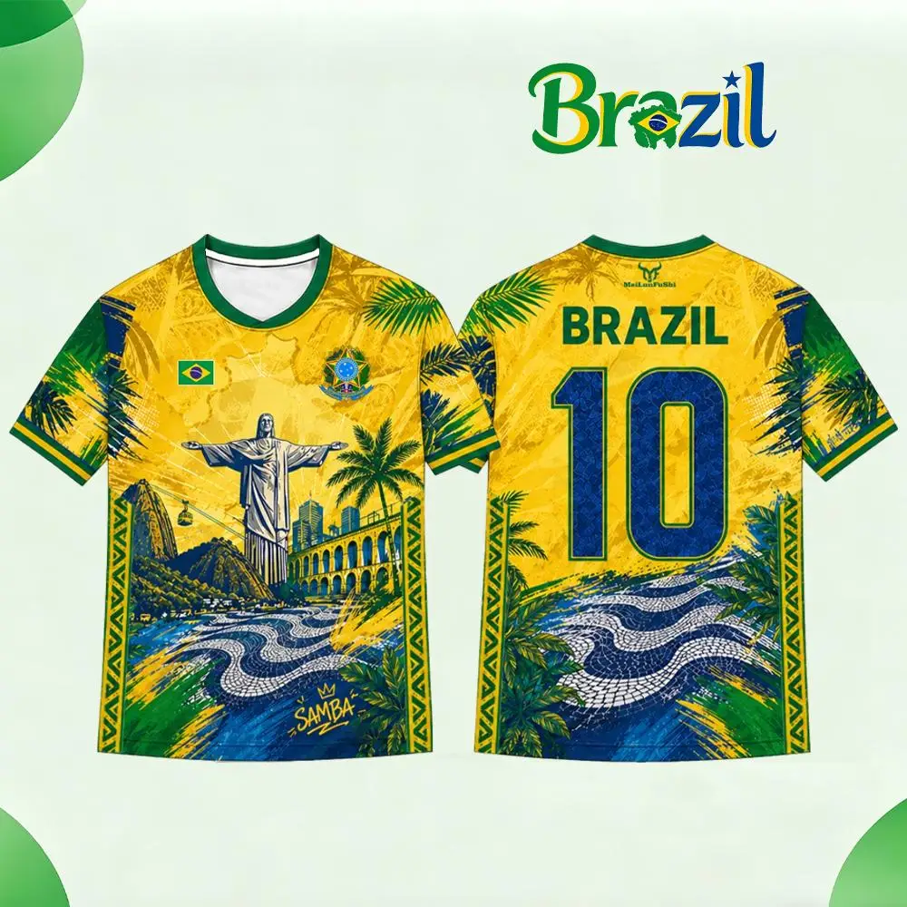 Brasilien-Stil Flaggen-Bedrucktes Trikot für Männer und Frauen Jesus-Grafik 3D-Druck Fußball-T-Shirt Schnelltrocknend und Atmungsaktiv Sport-Uniform-Tee
