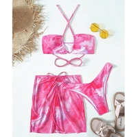 INGAGA Sexy 3 Piece Bikini Tie Dye Women’s Swimsuit with Skirt Swimwear Women 2022 Crisscross Biquini Drawstring Bathing Suit