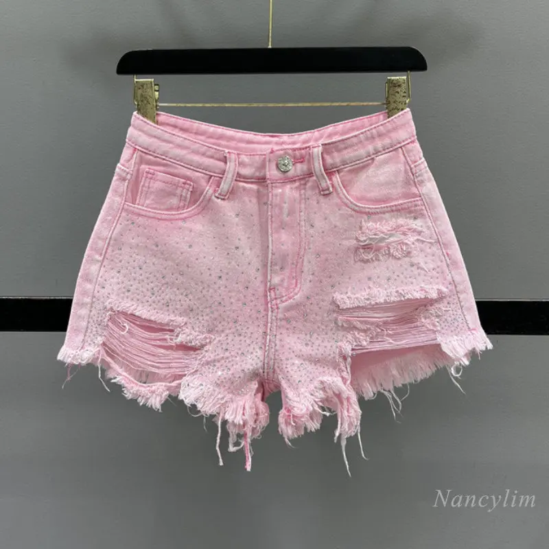 Heavy Embroidery Rhinestone-Studded Denim Hot Pants Women Denim Shorts 2023 Summer New High Waist Ripped Raw Hem Wide Legs Short