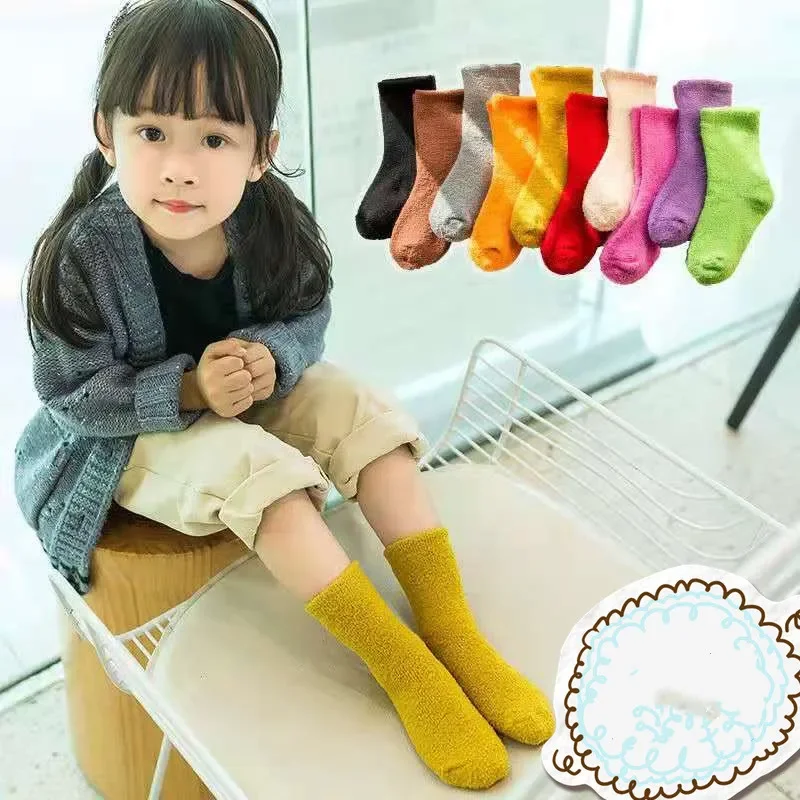 1Pair Winter Sweet Cute Candy Solid Color Soft Warm Thicken Coral Fleece Cotton Baby Middle Tube Socks for Children Boys Girls