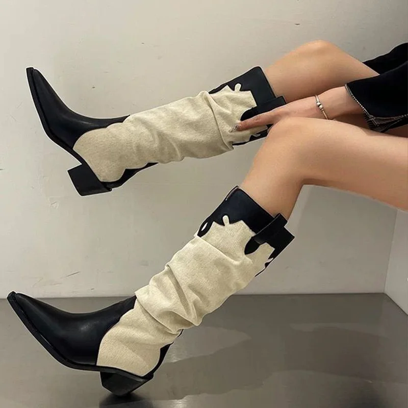 

Leather Patchwork Knee Boots Women Street Thick Heel Low Heel Color Block Denim Booties Pointed Flat Calf Winter Fashion Shoes