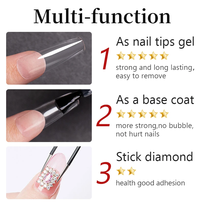 15ML Nail Tips Glue Gel For Falses Nail Tips Fast Extension 3 IN 1 Function Nails Art Transparent Gel Polish Soak Off UV