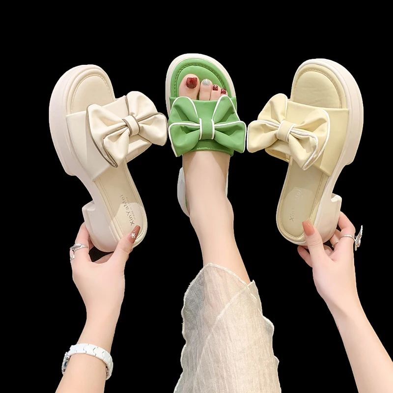 

Сланцы женские на платформе, Мягкие Шлепанцы на среднем каблуке, с бантом-бабочкой, роскошные пляжные летние тапочки, 2023