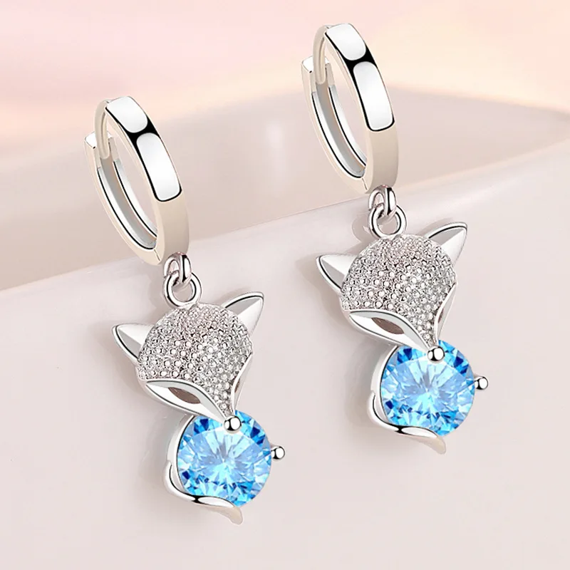 Trendy Nette Fuchs Rosa Blau Weiß Runde Zirkon Tropfen Ohrringe Für Frauen 925 Sterling Silber Schmuck Weibliche Tier Ohrring