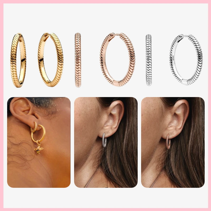 

100% 925 Sterling Silver PanMoment Charms Diy Earrings Rose Golden Hoop Earrings For Women Fashion Original Jewelry Bijoux femme