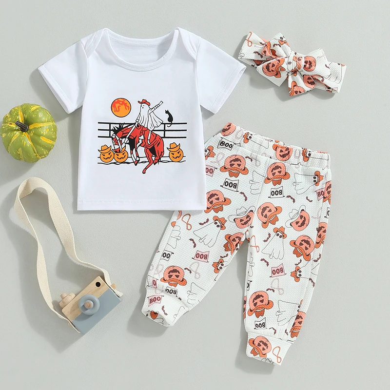 

2023-07-08 Lioraitiin 0-24M Newborn Baby Girls 3Pcs Halloween Outfit Ghost Pumpkin Print Long Sleeve T-shirt Pants Headband