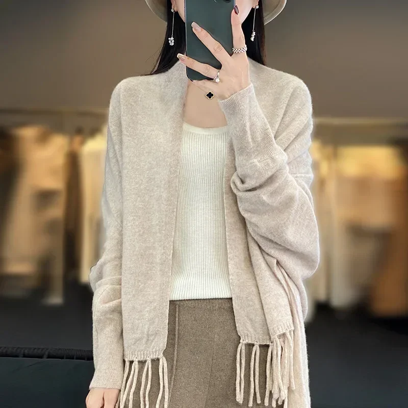 SpringWomenNew100WoolWarmShawlCardiganWithTasselsAutumn
