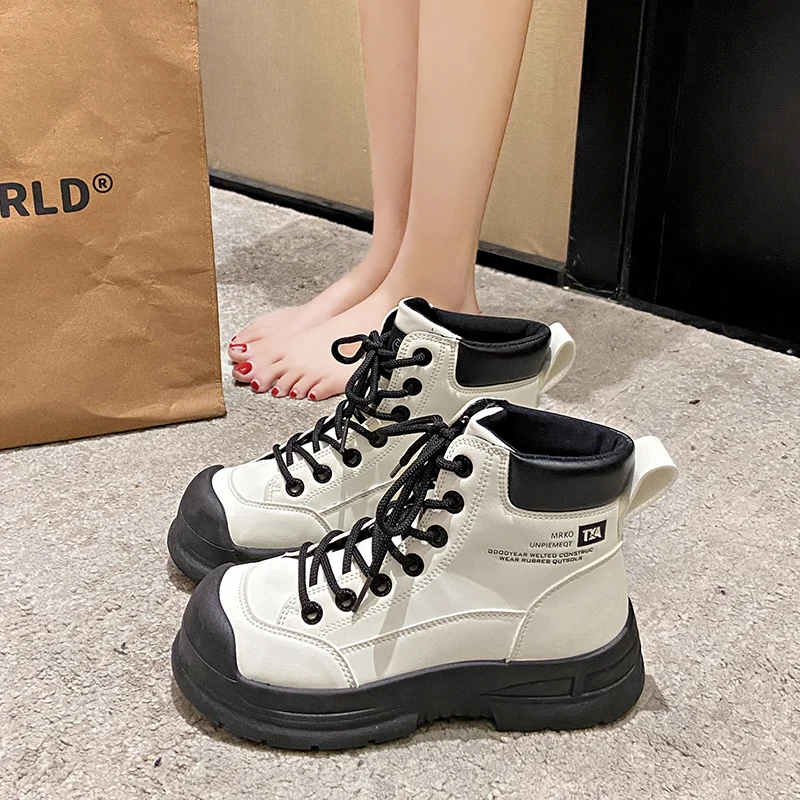 

Модные женские амортизирующие ботинки CRLAYDK на платформе, Боевая зимняя обувь на шнуровке с круглым носком, походные водонепроницаемые уличные ботинки для девочек