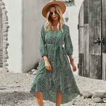 2022 Sweet Leisure Holiday Style Long Dress with Belt Floral Button Dresses for Women Summer