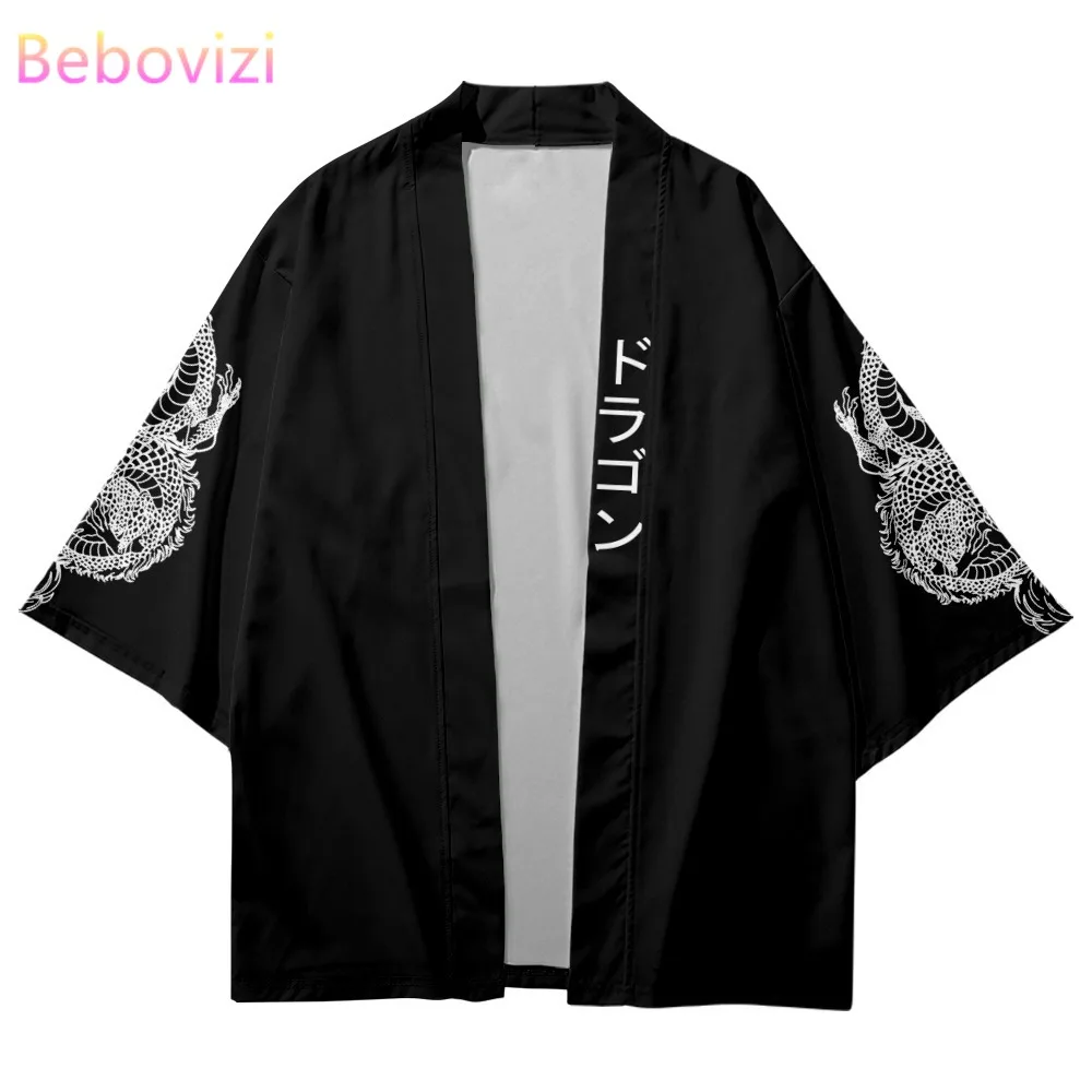 Street Wear Samurai Asian Clothing Japanese Style Sleeve Dragon Print Traditional Kimono Men Yukata Cardigan Black Cosplay Haori