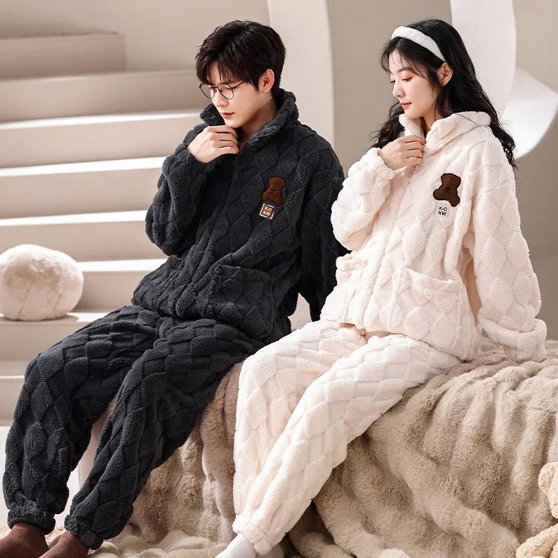 2023 New Zipper Flannel Sleepwear for Couples Winter Warm Thicken Pijamas Set Men Home Clothes Women Coral Fleece Loungewear