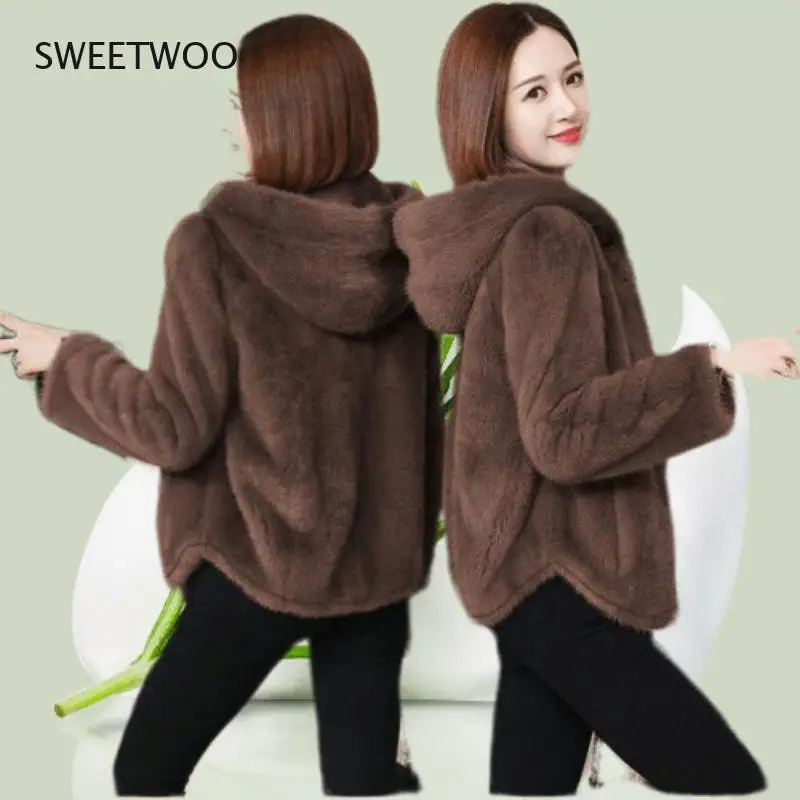 

Add Velvet Padded Sweater Women Loose Coat Autumn and Winter New Fleece Warm Hooded Faux Fur Coat Winter Coat Women Fur Coat