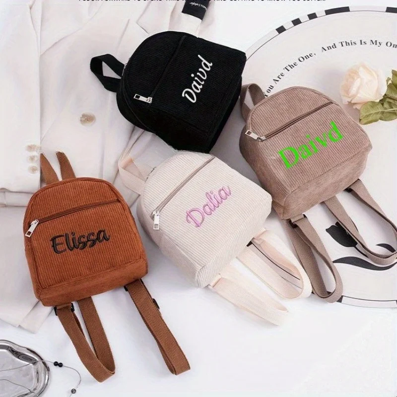 Custom Name Embroidery Corduroy Backpack - Fashion Mini Solid/Multi-Color Bag Casual Schoolbag Stylish Daily Travel Shoulder Bag