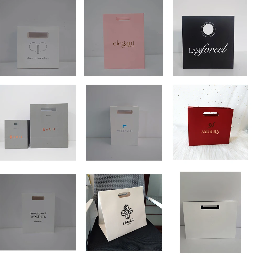 500개/묶음 맞춤형 핫 스탬핑 로고 럭셔리 라미네이트 종이 쇼핑 선물 가방 다이컷 손잡이 포함 보석류 의류 부티크용