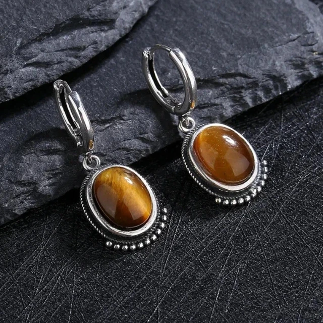 Boucles d'oreilles pendantes en argent œil de tigre, boucles d'oreilles ovales en pierres précieuses vintage à perles, bijoux de mode bohème pour femmes, vente chaude transfrontalière 1
