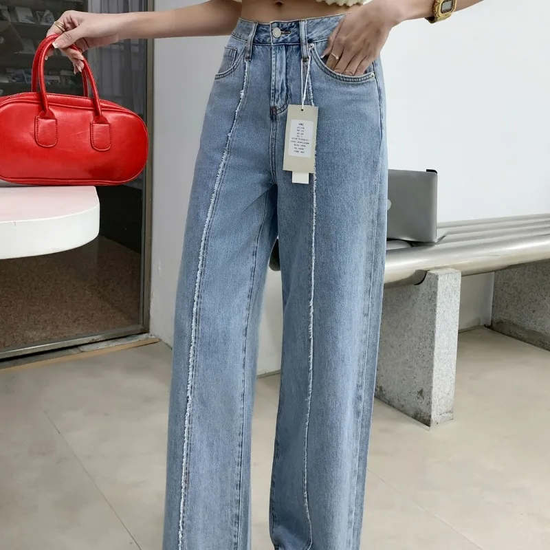 Spring and Autumn Women's Button Zipper Pocket High Waist Shirring Bright Line Decoration Straight Leg Denim Trousers Pants
