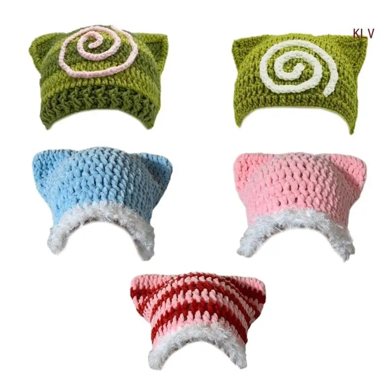 

Knitted Devil Hat for Students Adult Windproof Foldable Stripe Pattern Hat Handmade Cat Ear Shape Keep Warm Cycling Hat