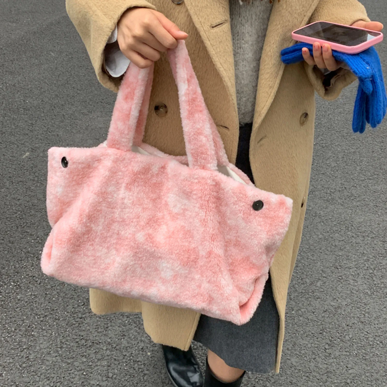 Women Girls Plush Single Shoulder Handbag Underarm Handbag Large Capacity Tote Bag for School Work Daily Use