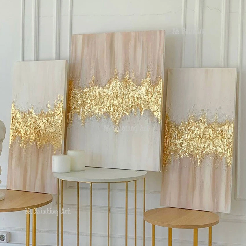 NewAbstract3PanelsOilPaintingUnframedWallArtGoldFoilArtwork