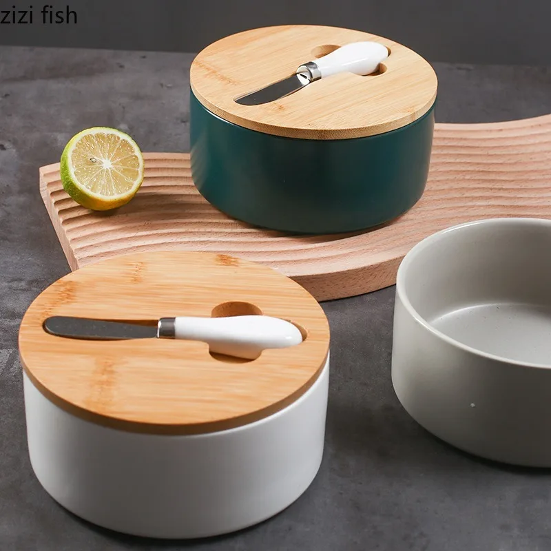 Burriera In Ceramica Con Coperchio In Legno E Coltello Integrato - Guarnizione In Silicone, 16x10x7,5 Cm, Lavabile