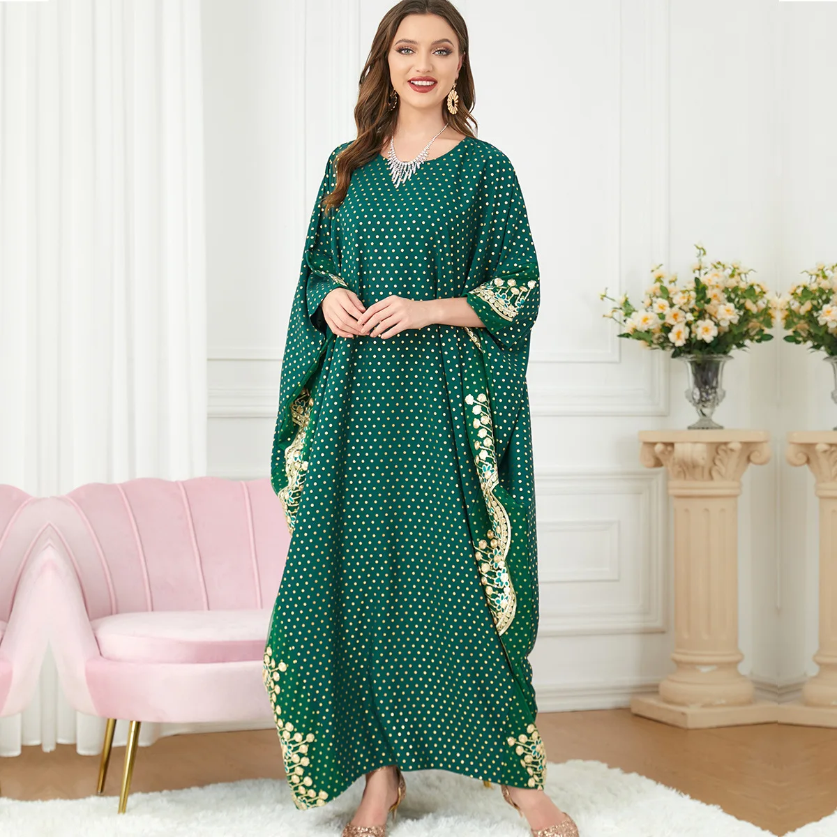 

New Green Polka Dot Bat Sleeve Muslim Dresses Abayas for Women Printed Dress Maxi Dress Women's Casual Long Sleeve O-neck Robes