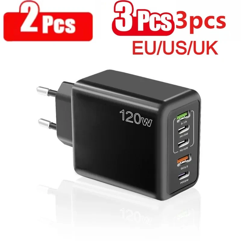 2/3Pcs 120W Multi Ports USB PD Charger Power Adapter Fast Charging Wall Adapter USB C Charger Type C Quick Charge EU/US/UK Plug